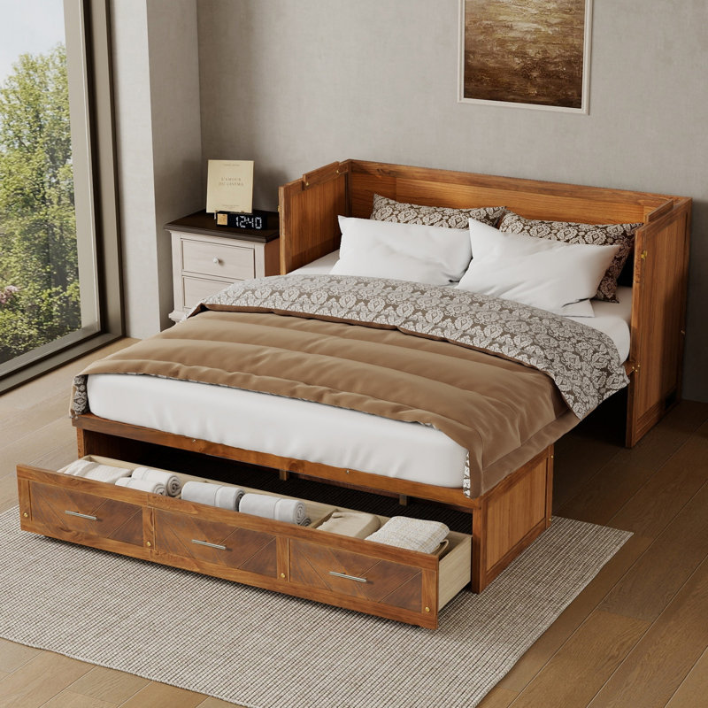 Queen Solid Wood Murphy Bed with Built-In USB Charging Station and Geometrical Decoration Panel, Walnut