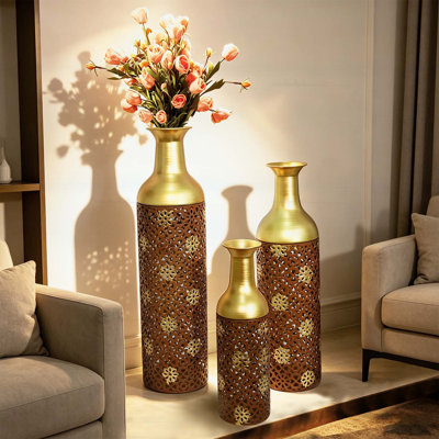 Ensemble de 3 vases décoratifs en métal, motif de feuilles brun rustique, idéal pour la décoration de la maison et du vestibule