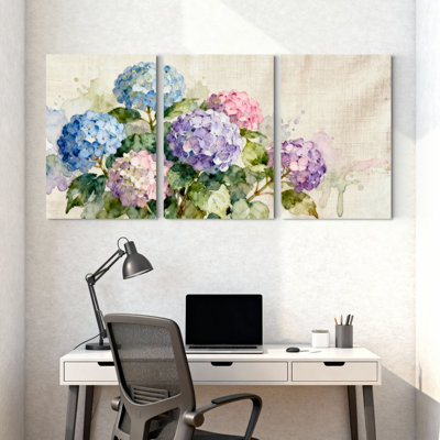 Watercolor Hydrangea Floral Canvas Wrapped Wall Art, Set of 3 Panels, Boho Chic Style for Living Room or Bedroom Decor