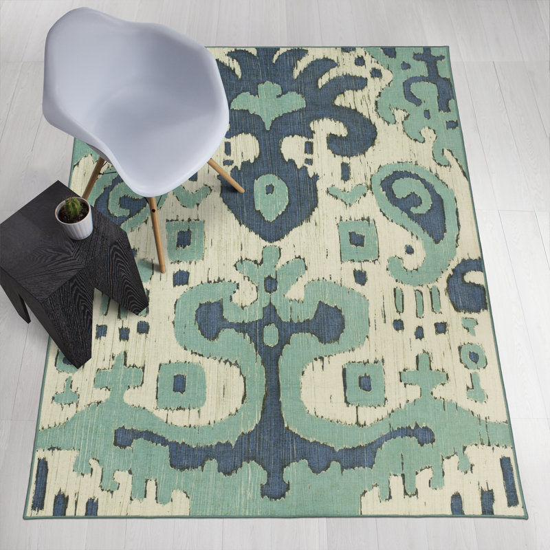 Tapis bleu sarcelle Ochre Ikat, Rectangle 5 pi x 7 pi