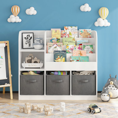 Kids Bookcase And Bookshelf, Multifunctional Bookcase With 3 Collapsible Fabric Drawers, Bookcase Display Stand