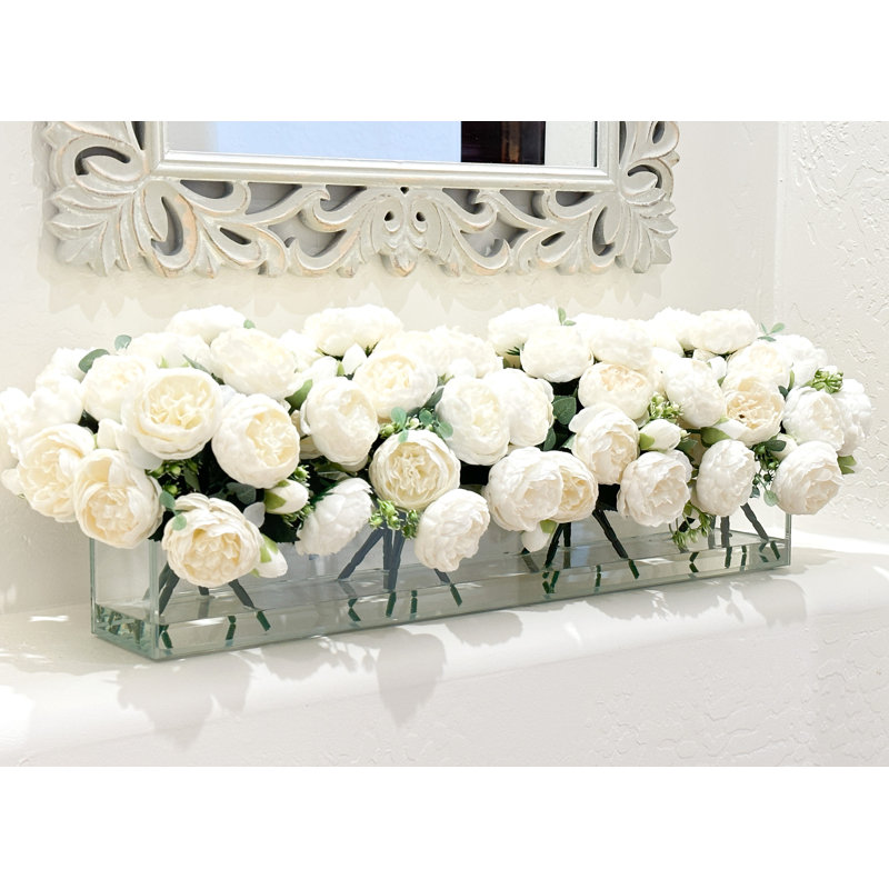 Modern Long Peony Arrangement Artificial Faux Centerpiece , White