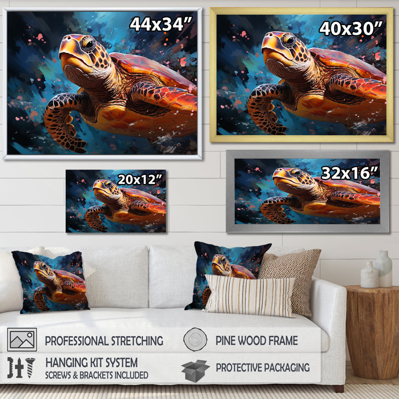 " Serene Turtle Underwaters I ", 34" H x 44" W x 1.5" D, Black Single Picture Framed