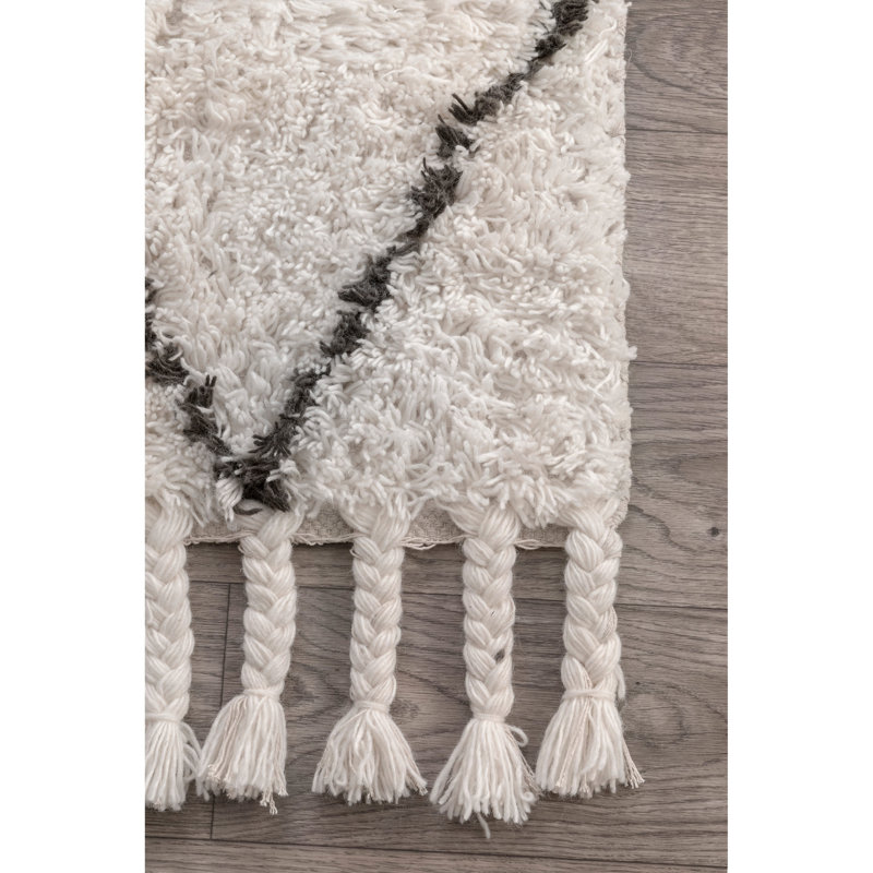 Twinar Geometric Hand Knotted Wool Off White/Dark Gray Shag Area Rug, Rectangle 2' x 3'