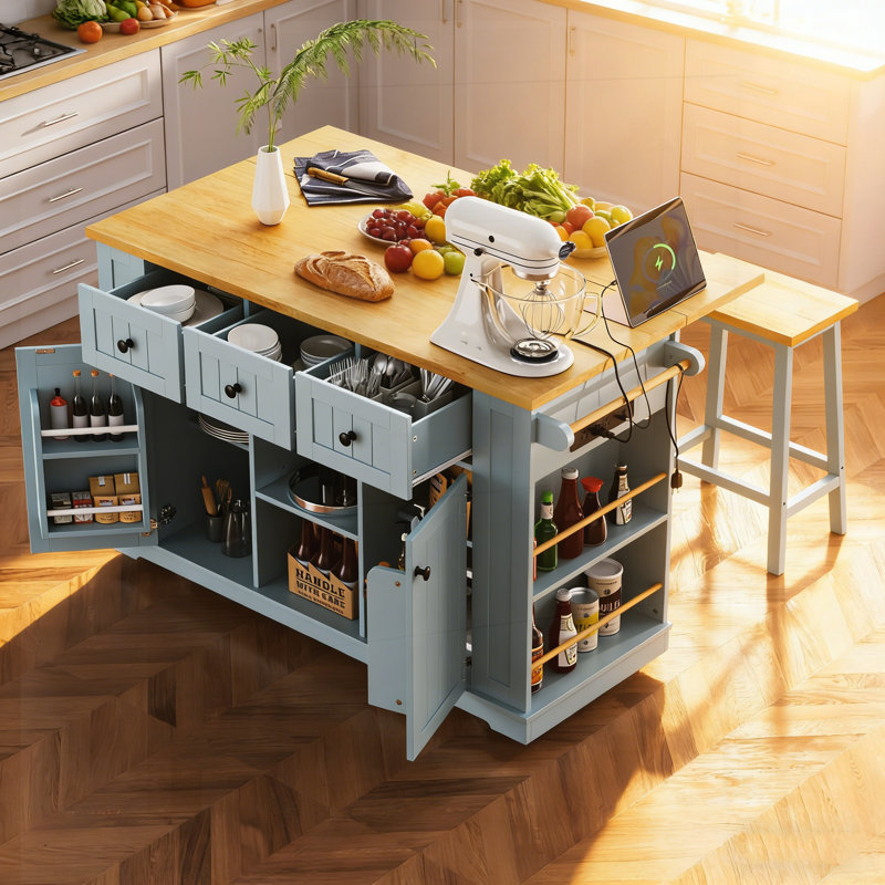 Grand îlot de cuisine de 53 pouces avec rallonge, prise de courant, support de rangement interne et 5 roulettes pour un usage polyvalent.
