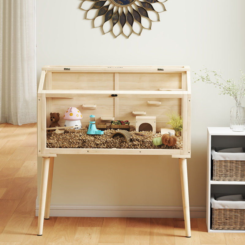 Wooden Hamster Cage Gerbils Cage with Openable Top and Seesaws