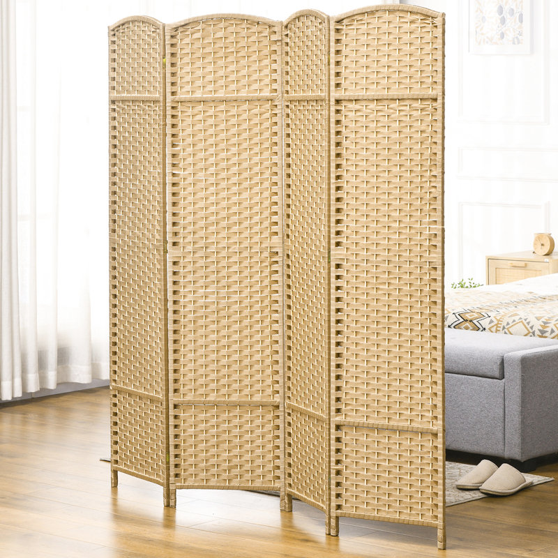 Room Divider 4 Panel, 5.6' Tall For Home. Natural Wood Theme With Hand-Woven Pattern. Versatile Partition. Made Frame & Polypropylene Webbing. Lightweight And Foldable. No Assembly Required Panel