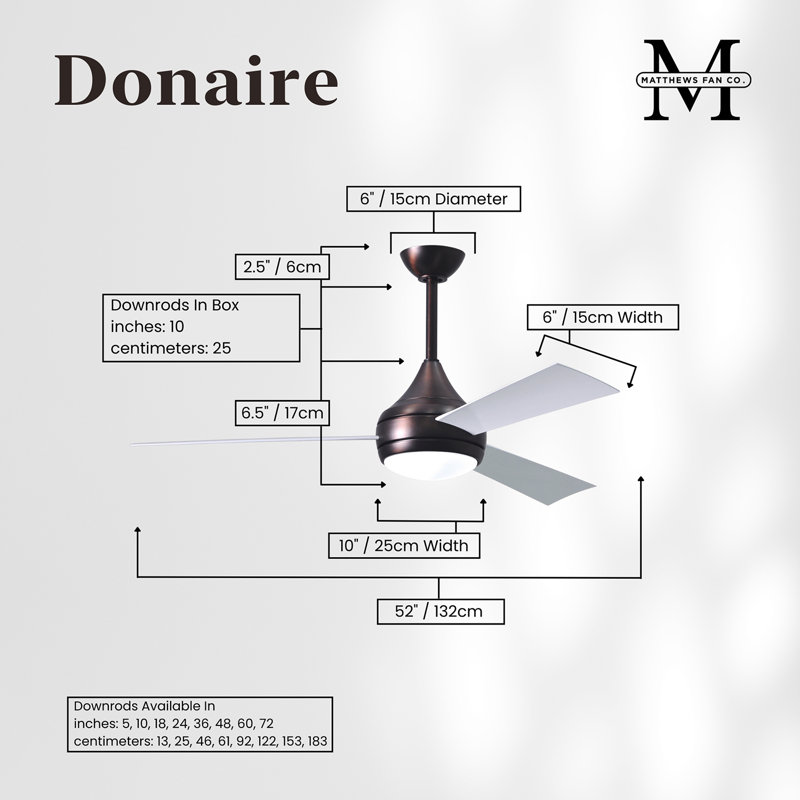 Donaire LED Outdoor Downrod Ceiling Fan, Brushed Bronze, Gloss White