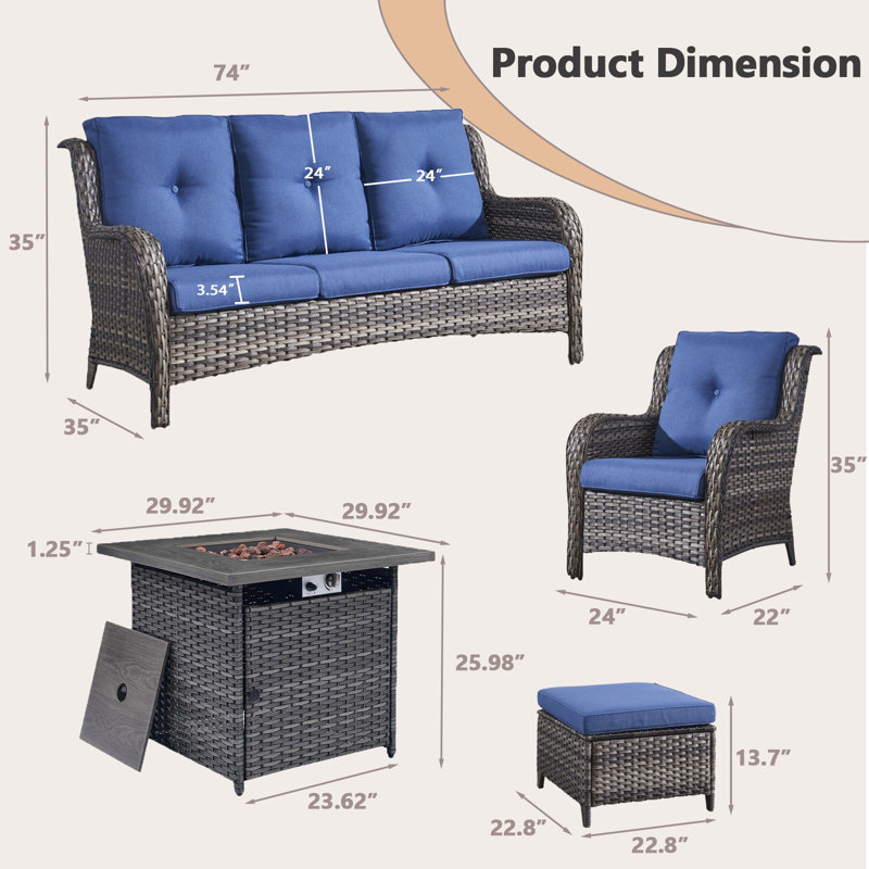 Ensemble de conversation d'extérieur en osier pour 5 personnes avec foyer, canapé, chaises, repose-pieds et coussins Schutt