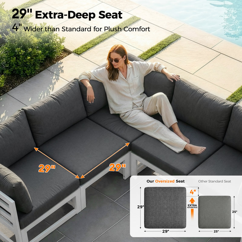 Tuyen 7-Piece 6-Person Outdoor Patio All-Aluminum Sectional Conversation Set with 60,000 BTU Fire Pit Table and 4" High-Resilience Foam Cushions