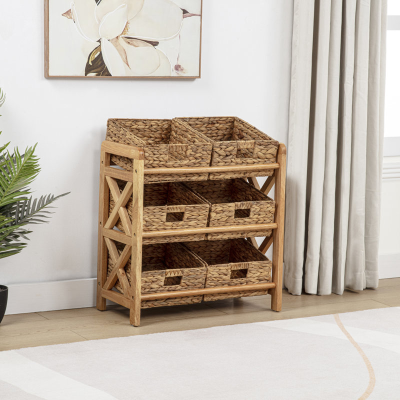 Support de rangement à 3 niveaux avec 6 paniers en jacinthe d'eau tissés