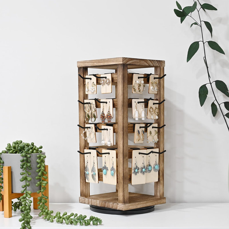 Natural Oak Rotating Jewelry Tower with Black Hooks