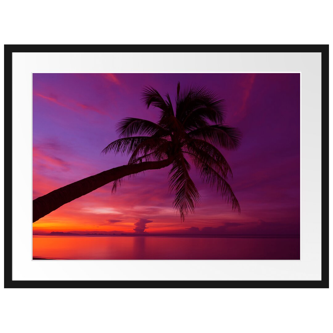 Gerahmtes Poster Palme am Meer mit Sonnenuntergang