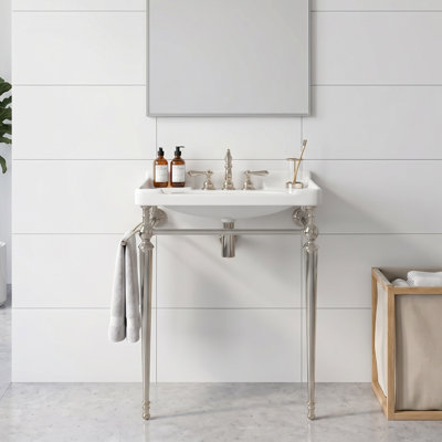 Meuble-lavabo autoportant en acier inoxydable de 28 po, lavabo mural en céramique blanche avec 3 trous de robinet pré-percés, pieds de support autoportants en acier inoxydable chromé avec barre à serviettes de style assorti (sans couvercle ni lavabo)