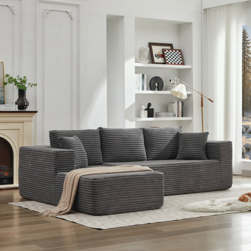 Canapé modulaire en L avec méridienne faisant face à la gauche, Velours côtelé gris