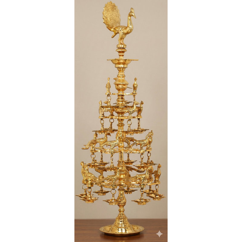 41" Large Brass Dancing Peacock Annam Lamp with Twenty-Two Peacocks – Handmade Indian Ritual Sculpture for Temple, Garden & Luxury Décor