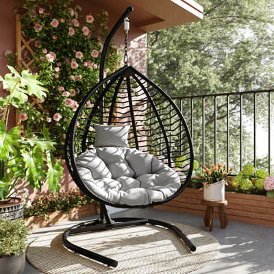 Chaise hamac suspendue d'intérieur pour l'extérieur avec support, balançoire à œufs en rotin pliable, coussin moelleux et appui-tête amovible pour le porche, le jardin, le balcon et l'intérieur