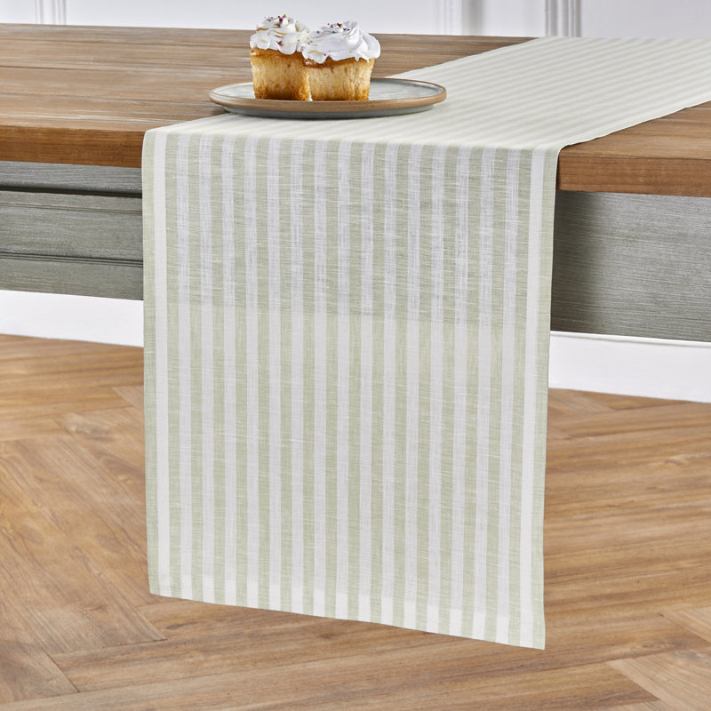 Amalfi Stripe - 100% Pure Linen Table Runner, Sage/White, 108" x 14"
