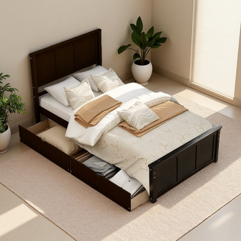 Lit plateforme avec rangement, 2 tiroirs avec roulettes, structure simple, Espresso
