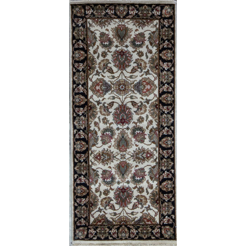 Tapis de couloir ivoire et noir noué à la main de haute qualité