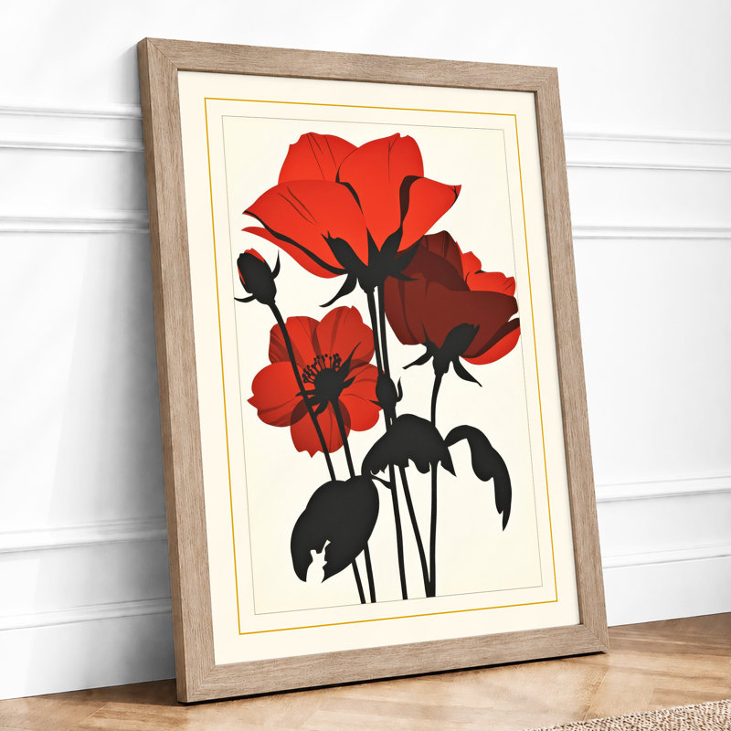 Red Roses In Black Botanical - Print, Oak, A4 - 29.7 x 21.0 cm