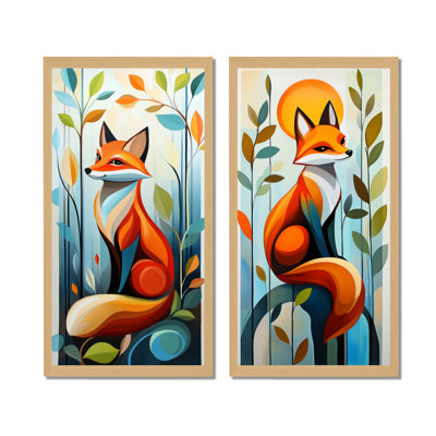 Renard élégant avec feuillage - Grand tableau mural en 2 parties représentant un renard