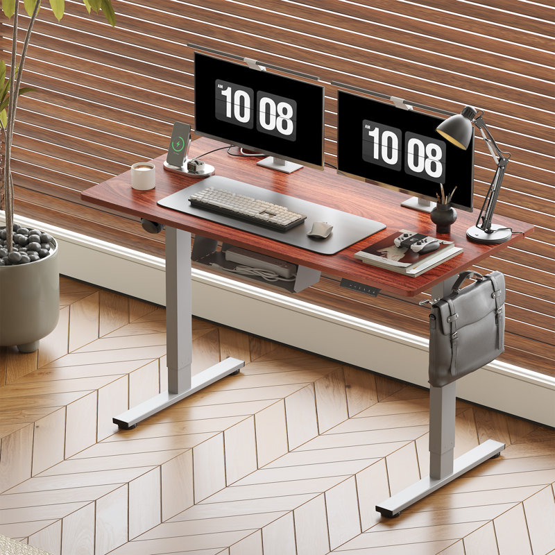 Adjustable Standing Desk, Whole-Piece Desktop, 55" W x 28" D, Mahogany/Gray