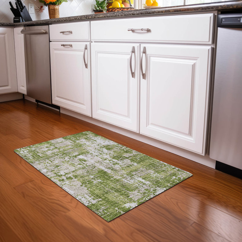 Green Abstract Synthetic Machine Washable Rectangular Rug 1'8" x 2'6"