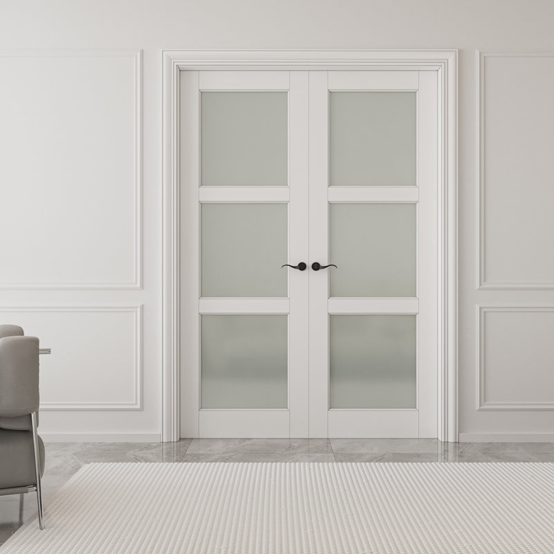 Porte intérieure double en verre massif givré 3-Lite, 60 po x 80 po, Quincaillerie argentée