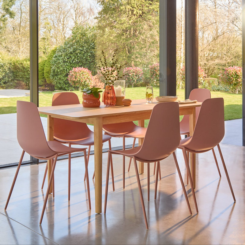 Whitewash Extendable Dining Table Set - 6 Seater - Burnt Dining Chairs, Pink