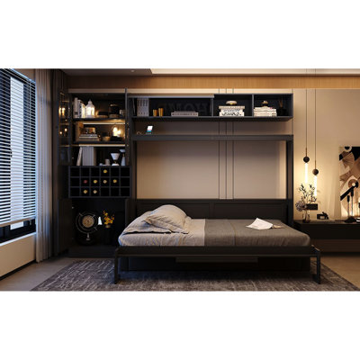 White Full Size Wall Bed With , Shelves, & - Space Saving, Easy To Operate In Small Apartment Areas Function, Comfortable For Use Spaces