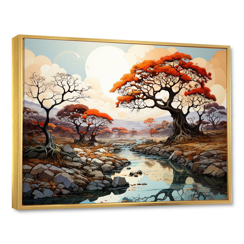 Paysage onirique Baobab II sur toile, H 34 po x l 44 po x P 1,5 po, Cadre flottant doré