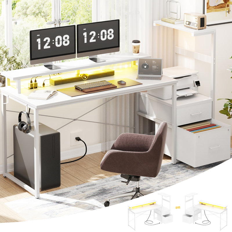 60'' Reversible Gaming Desk With Monitor Stand & Fabric Drawers, White/White