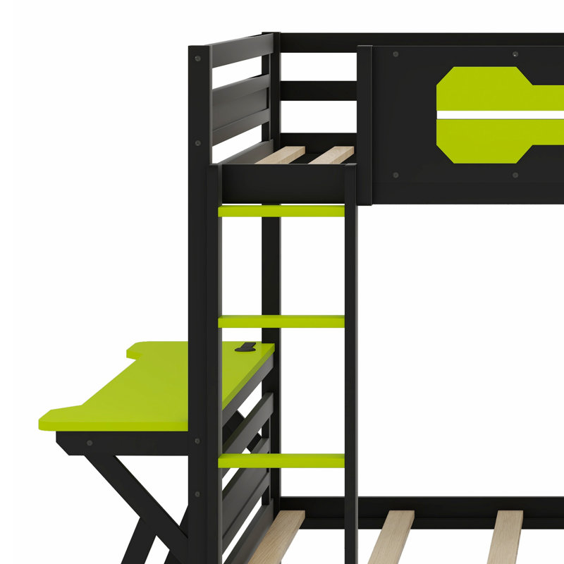 Lit superposé double pour bureau avec ports USB et rangement perforé, Lit double, Noir/vert