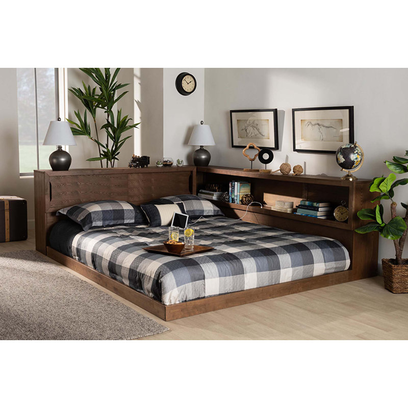 Grand lit plateforme avec rangement en bois massif Corisha