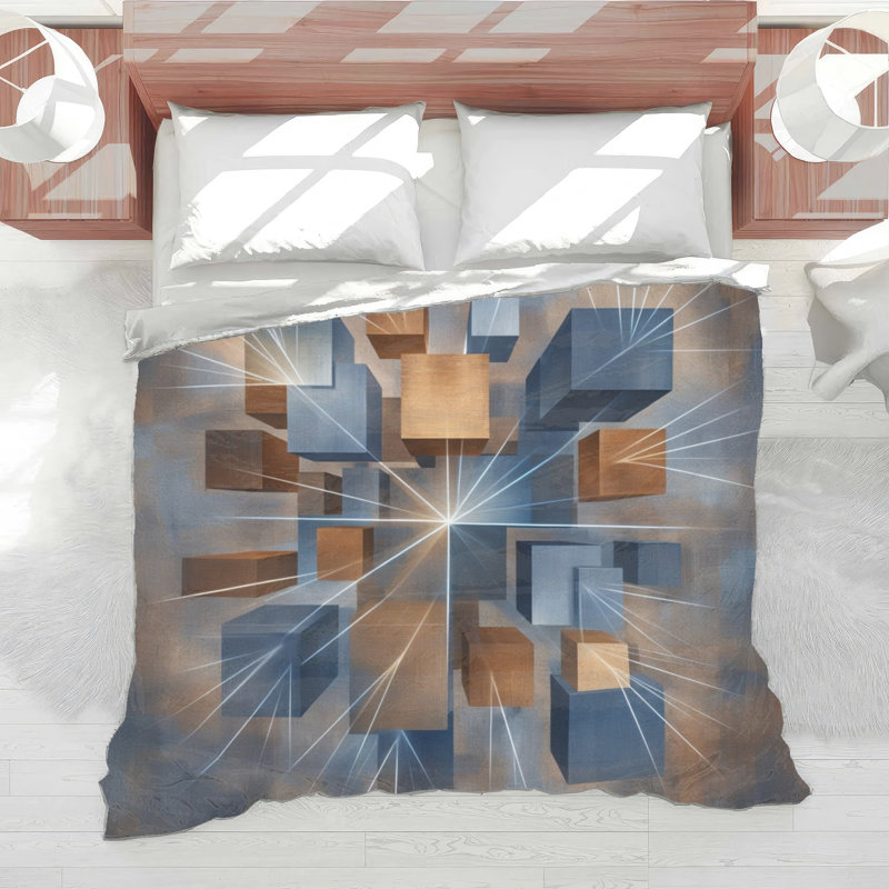 Édredon géométrique Cubes Illusion, Très grand lit, Bleu moyen / bronze foncé foncé