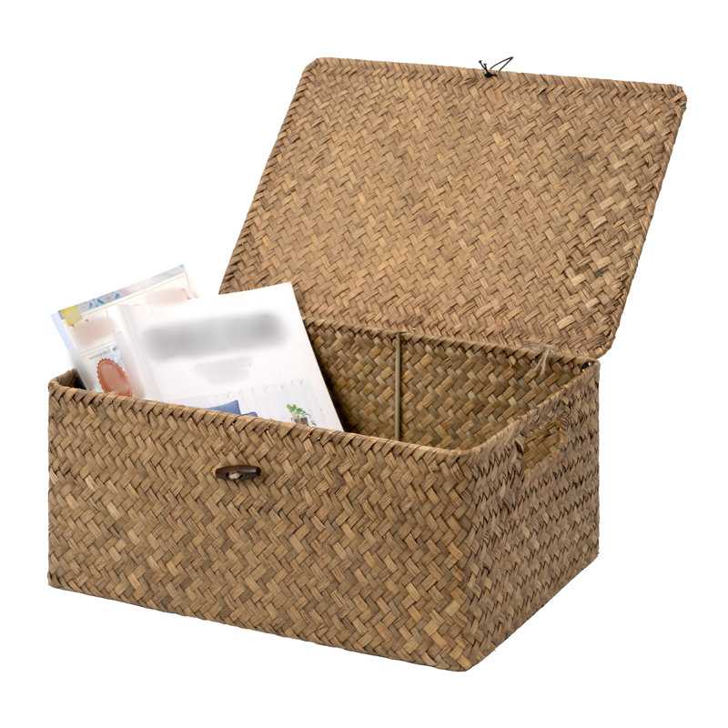 Handwoven Wicker Storage Basket with Flip-Open Lid, Large Basket for Bathroom, Living Room, Nursery, Brown Flat-weave Seagrass