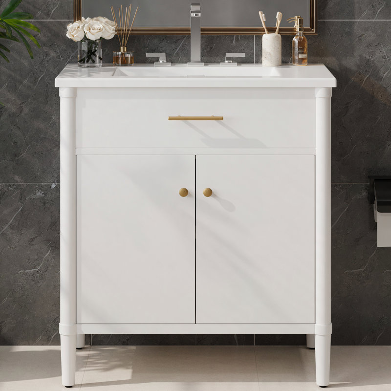 30" Bathroom Vanity with Sink, Soft Close Doors, Adjustable Shelf, Solid Wood Legs, White, White