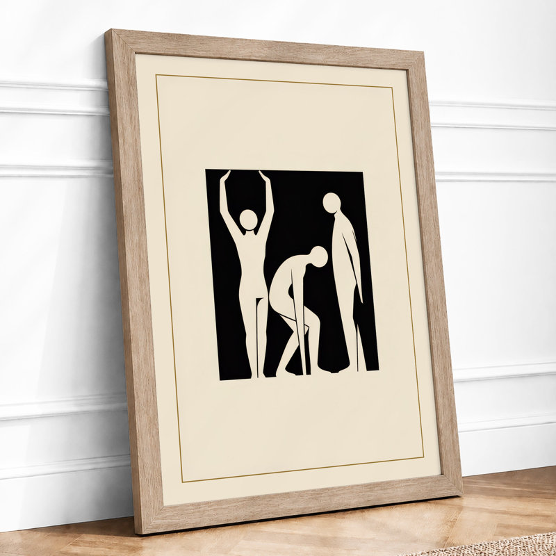 Three Figures in Motion Minimalist - Framed Print, A4 - 29.7 x 21.0 cm, Oak