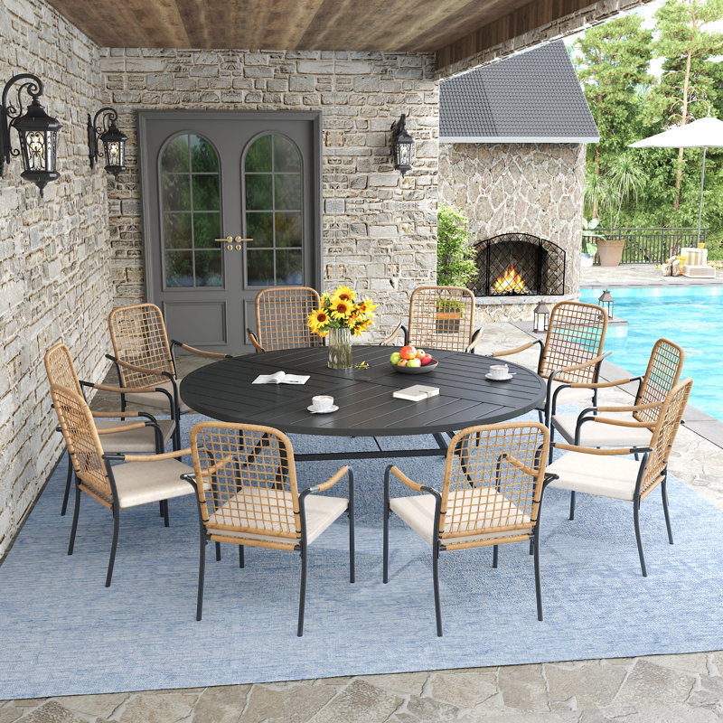 10-Person Outdoor Patio Dining Set With Rattan Armchair, Black