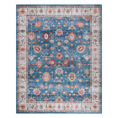 Samira Cullen Machine Washable Floral Border Navy Blue Beige Multi Indoor Area Rug, Transitional Flat Pile for Living Room & Bedroom - Blue/Tan