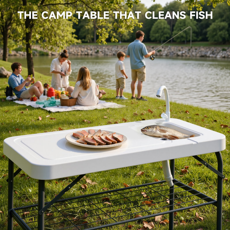 45" Folding Fish Cleaning Table with Sink & Grid Racks, HDPE Plastic Top with Steel Frame, Fish Cleaning Station for Camping, Picnic, Backyard