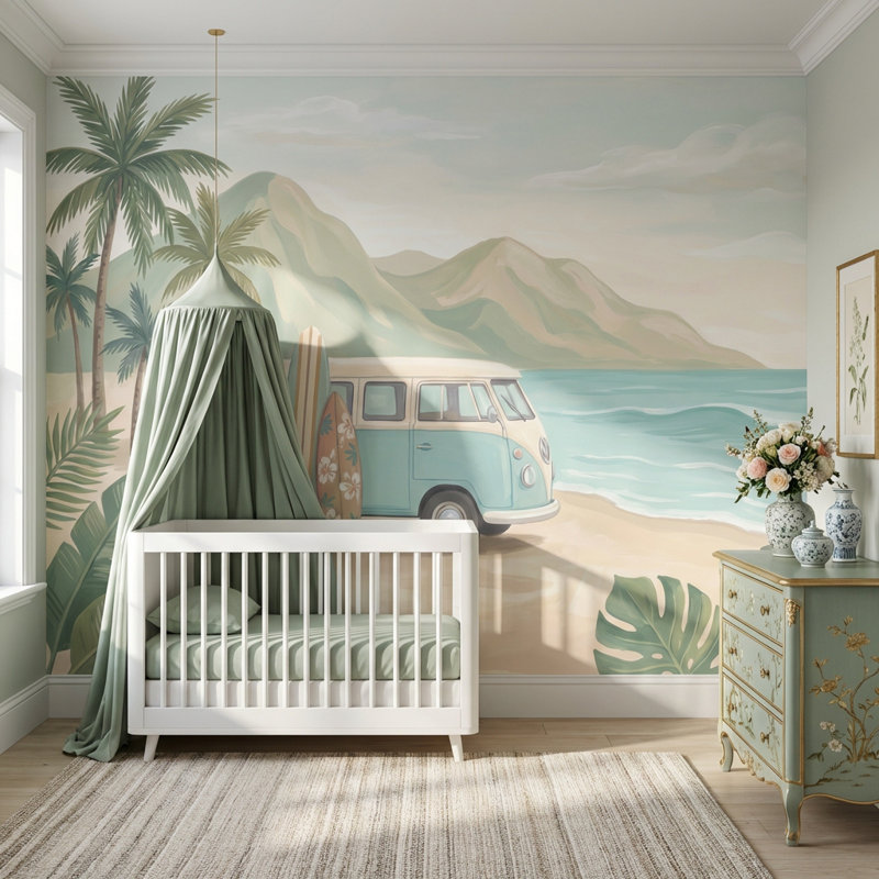 Papier peint plage rétro avec ciel nuageux, 140" x 108", Peler et coller