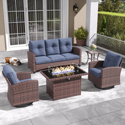 Lark Manorâ„¢ 5 Pieces Patio Furniture Set with Swivel Chairs, Rattan Wicker Rocking Glide Chairs with 44" Propane Gas Fire Pit Table Conversation Set by Lark Manor