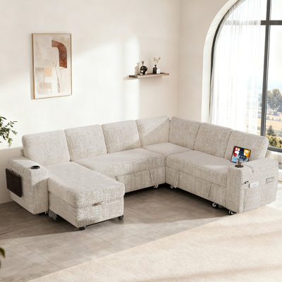 Modular Sectional Pull-Out Sofa With Side Table, Cupholders, Charging Ports by Ebern Designs