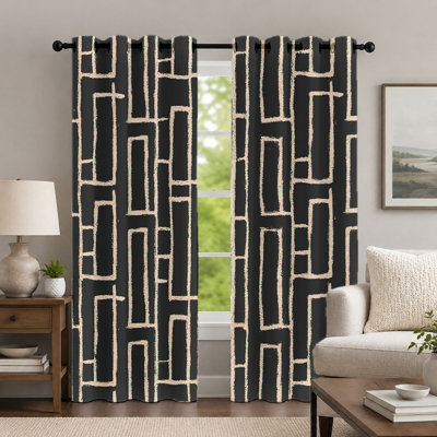 2Pcs Black and Beige Geometric Curtains, Minimalist Style Curtain, Modern Simple Line Pattern Printed Art Grommet Drapes, Window Treatment for Bedroom Living Room Decor