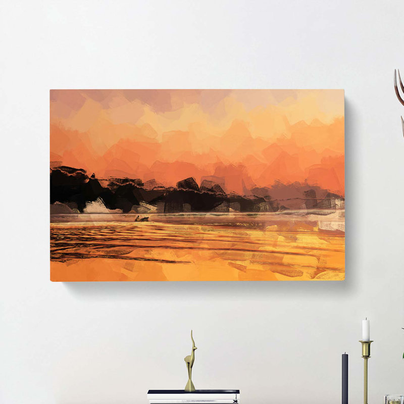 Boat Under An Orange Sunset In Abstract - Wrapped Canvas Print, 60cm H x 91cm W x 3cm D
