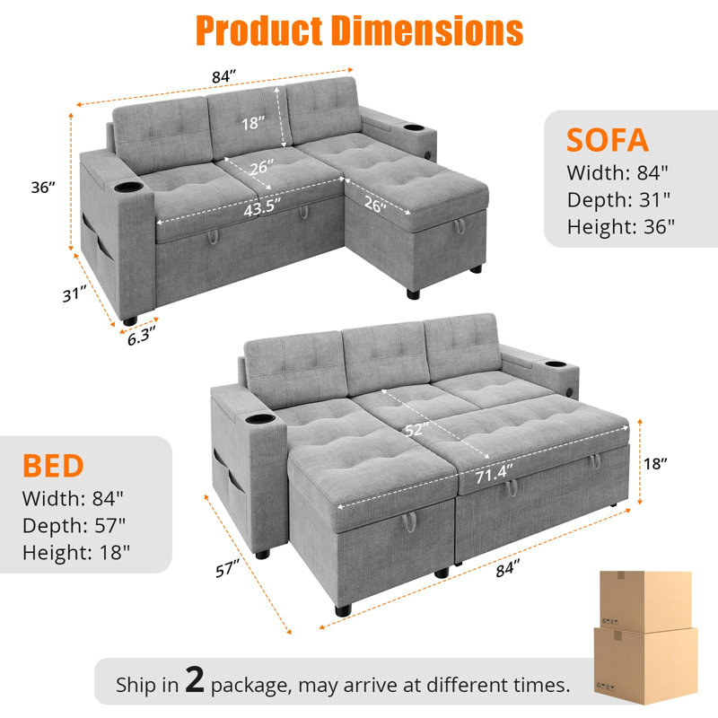 Canapé-lit en forme de L 84 po, canapé-lit avec méridienne de rangement, ports USB et de type C, porte-gobelets et accoudoirs de rangement, canapé en tissu de lin