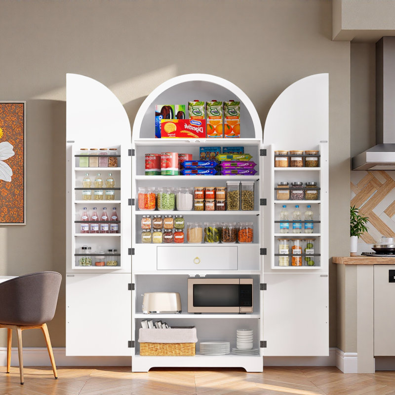 Grand garde-manger arqué avec 8 tablettes de porte, 3 tablettes réglables et un tiroir caché, Blanc