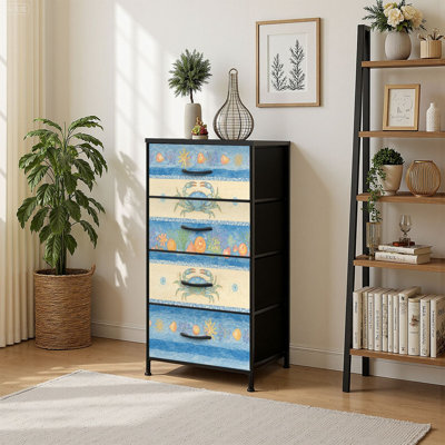 4 Drawer Vertical Storage Dresser Blue Crab Coastal Watercolor with Wood Top Fabric Pull Drawers